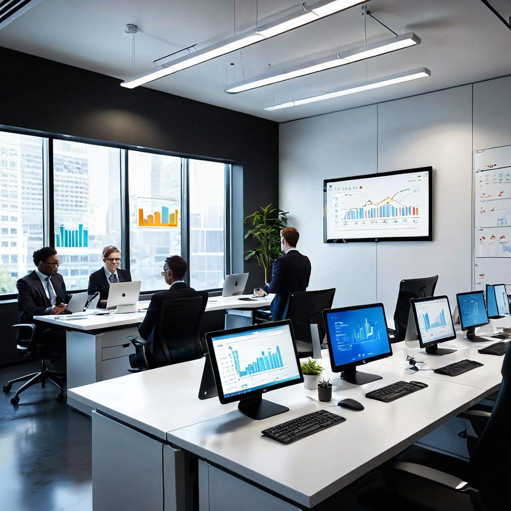 A sleek modern office environment showcasing advanced technology, with diverse professionals interacting with innovative devices like tablets and virtual screens. Incorporate elements like graphs displaying growth metrics on a wall, robots assisting in office tasks, and a bright ambiance with large windows. The overall mood should reflect collaboration and efficiency. super-realistic. vibrant colors. clean layout.