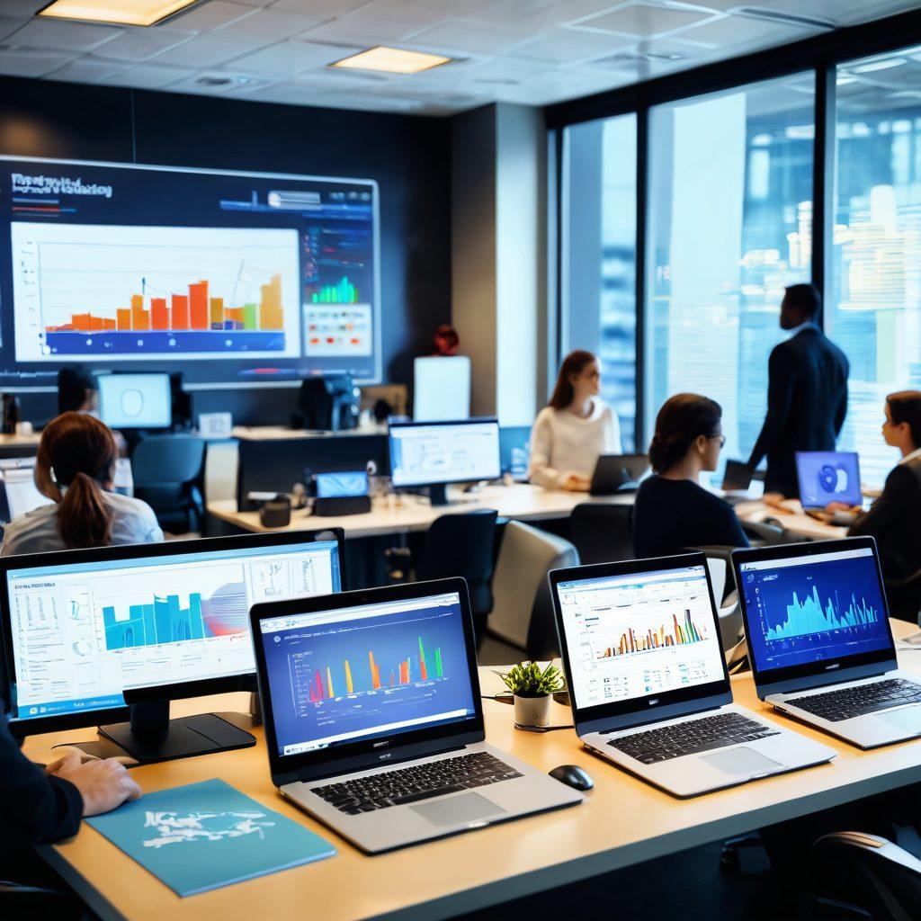 A modern office environment bustling with activity, showcasing diverse professionals collaborating over technology, such as laptops and smart devices. Visual elements like charts and graphs symbolize data-driven decision-making. Subtle hints of IT infrastructure like servers or cloud icons in the background. The overall mood should convey productivity and innovation. vibrant colors. super-realistic.