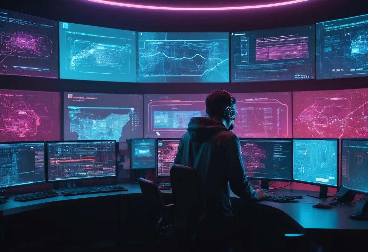 A split scene featuring a tech support desk on one side with a friendly technician assisting a customer, while the other side showcases a futuristic cybersecurity command center filled with screens and digital data visualizations. Elements of innovation like circuit patterns and glowing locks symbolize security. The atmosphere is dynamic, representing transformation and elevation in business through IT. vibrant colors. cyberpunk style.